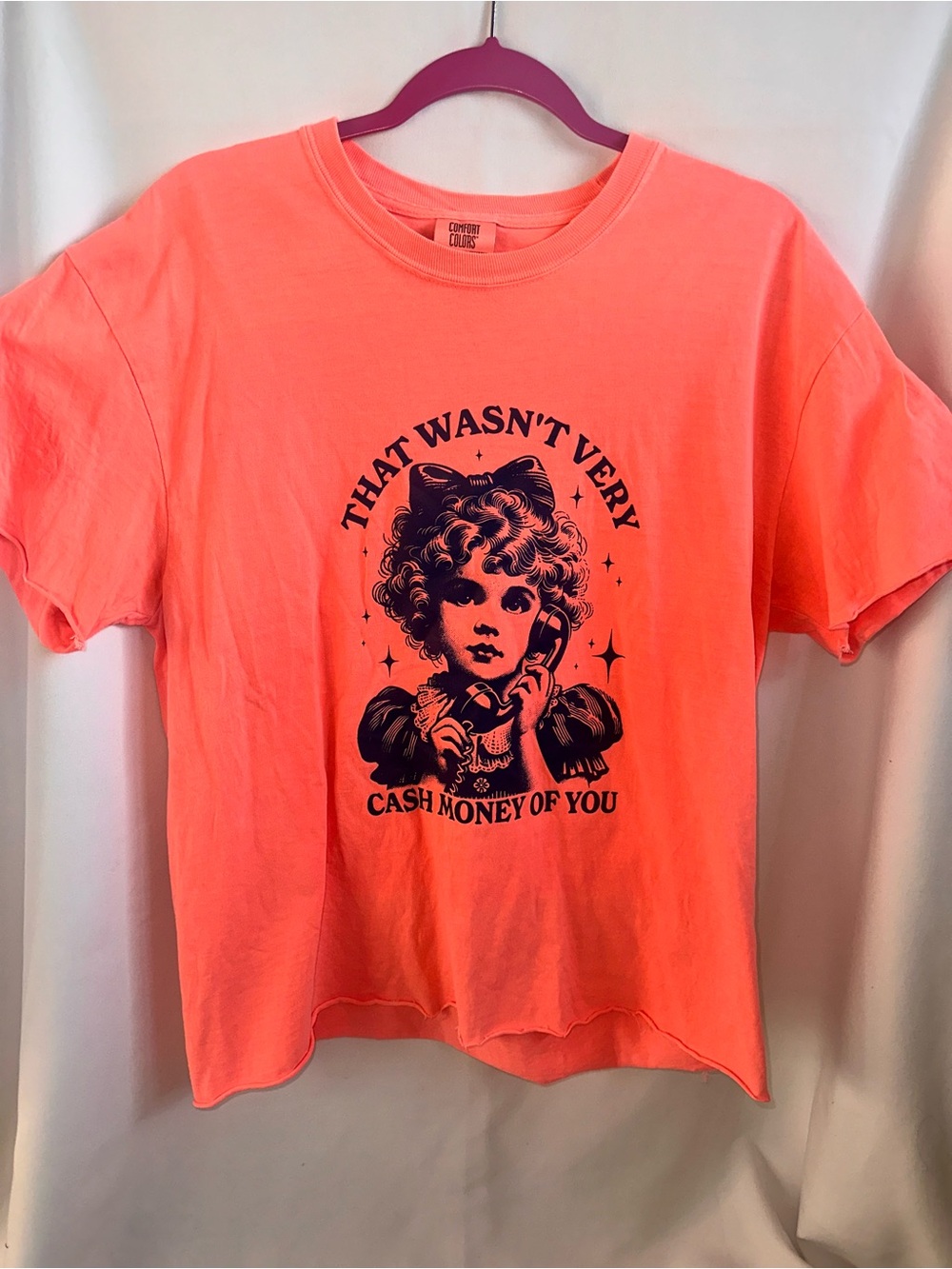 Comfort Colors Neon Coral Graphic Crop Tee with Black Vintage Print